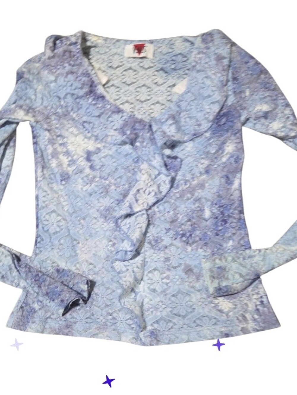 Vtg U.s.a Jrs Lg VENUS Light Blue Floral Lace Ruffle-Front Long Sleeve Top